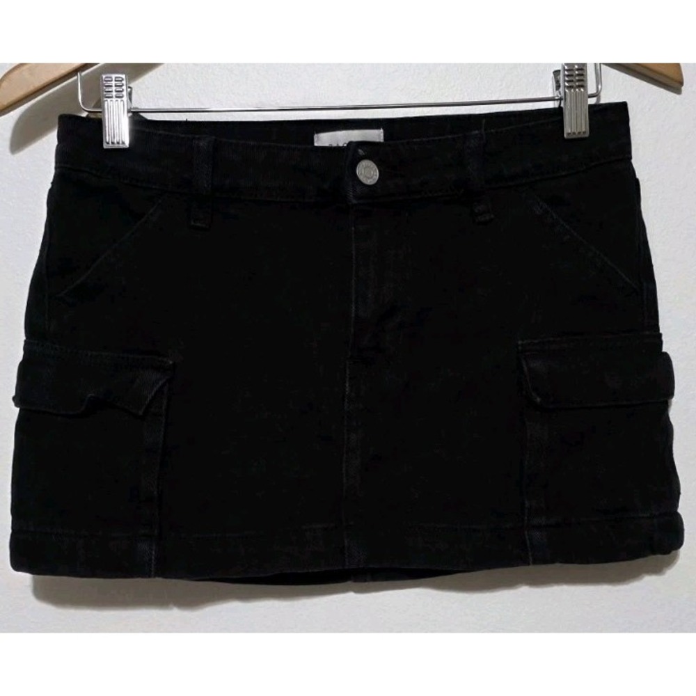 Pacsun Cargo‎ Denim Jean Skirt Black Sz 24 Pockets Utility Grunge Moto Goth EUC